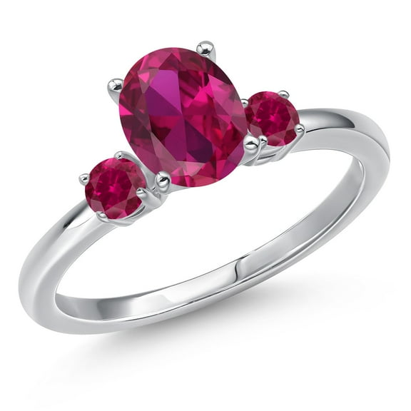 Gem Stone King 14K White Gold Red Created Ruby Engagement Ring for Women | 1.63 Cttw | Oval 8X6MM | Gemstone July Birthstone | Size 6