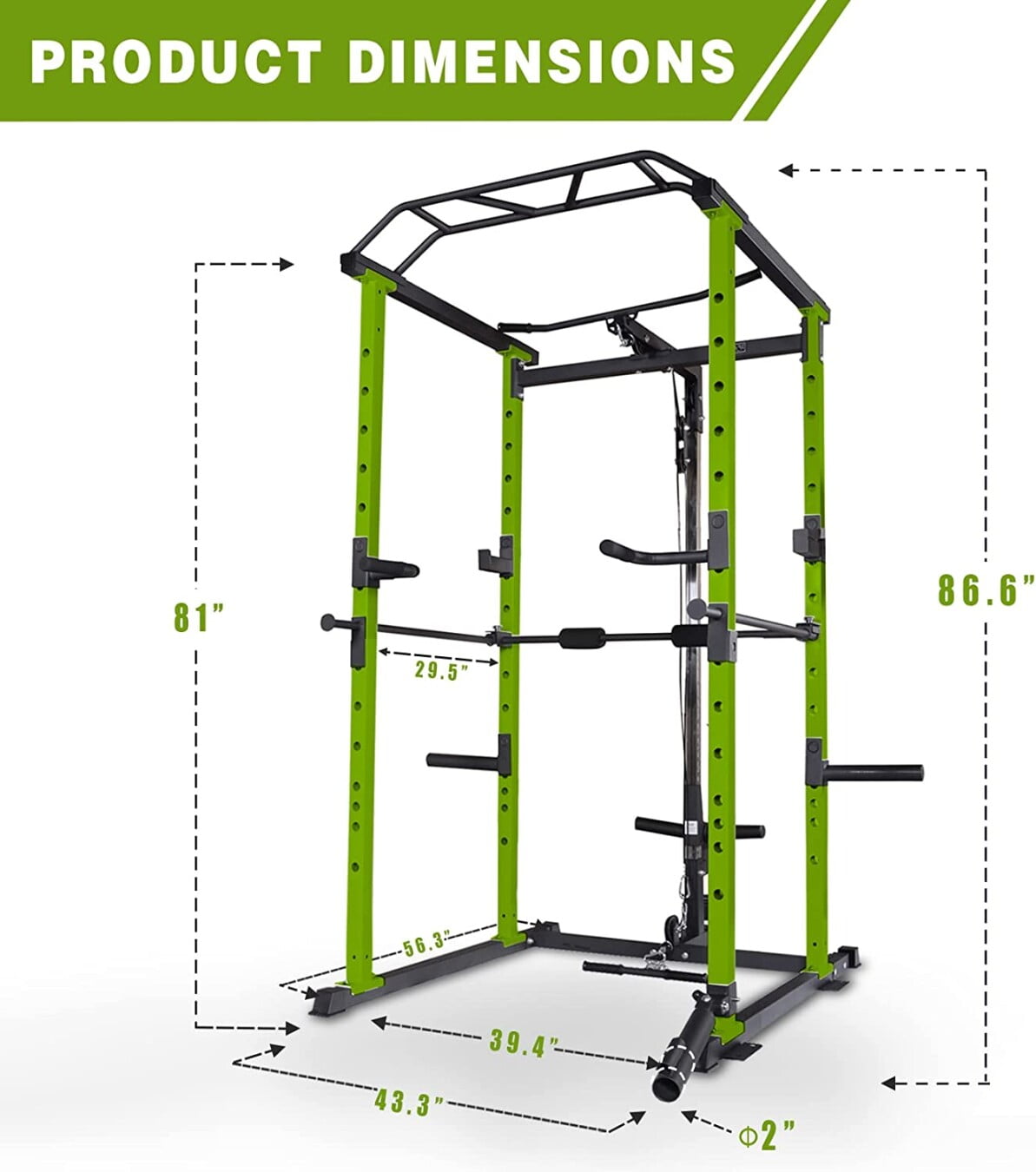 Multi-Function Squat Rack Power Cage, Home Adjustable Pullup Squat Rack, 1000Lbs Capacity Comprehensive Fitness Barbell Rack, for Garage Workout & Home Gym, Black+Green