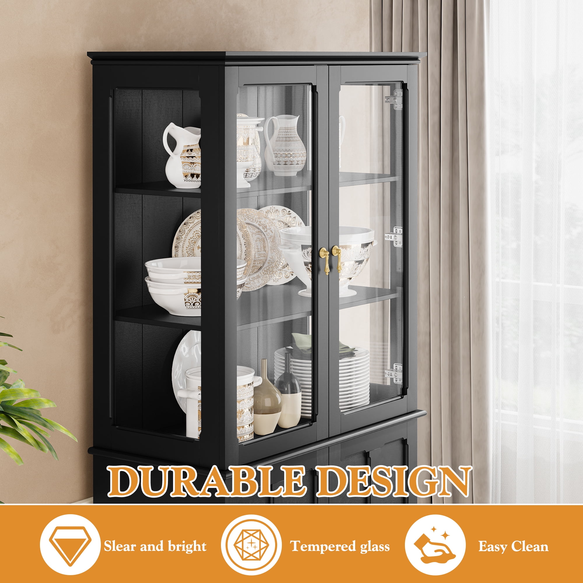 HLR 72" Modern Black Cupboard with Adjustable Shelves, Elegant Storage Cabinet