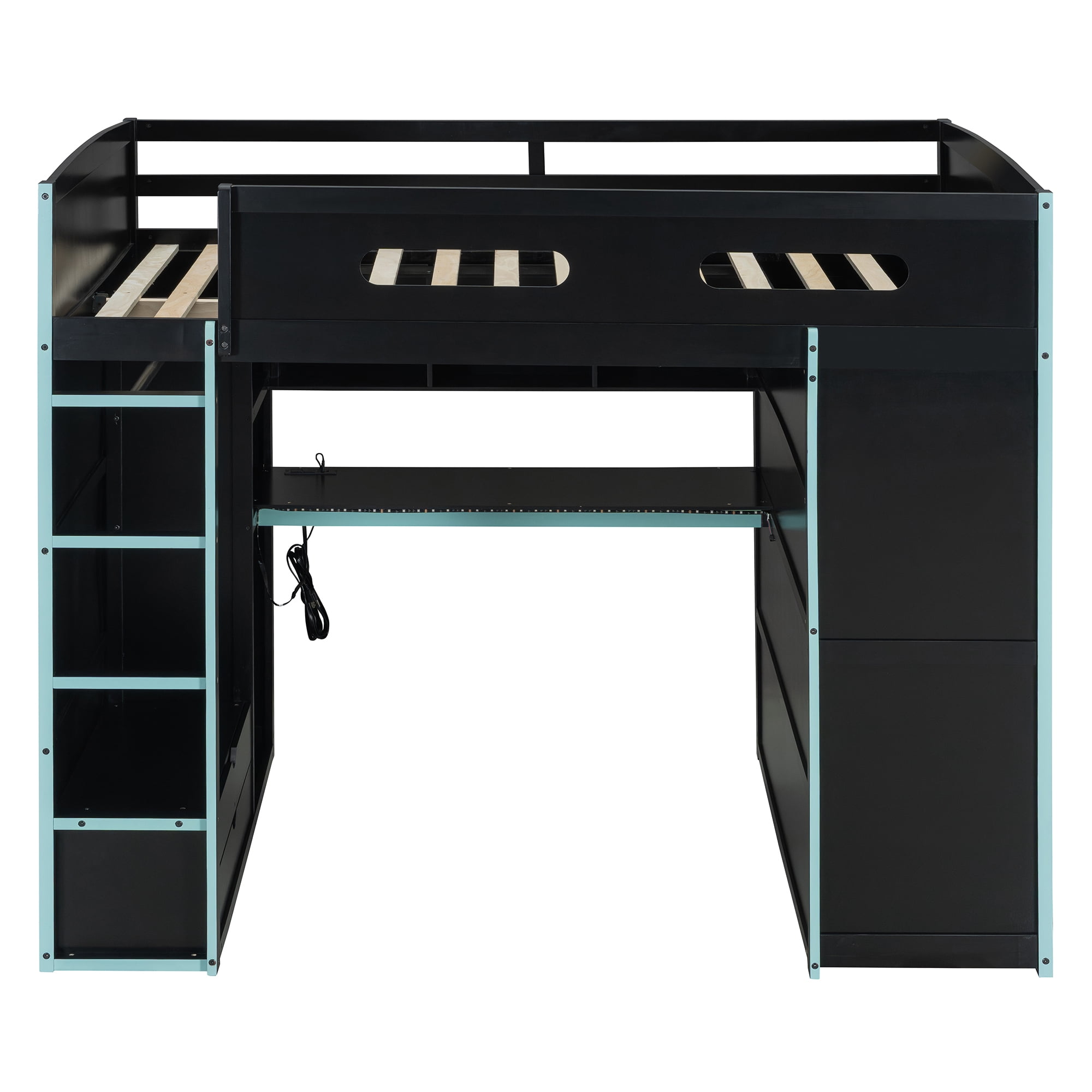 Aukfa Full Size Gaming Loft Bed with Desk, Wardrobe & RGB LED Lights – Esports Loft Bed Frame with Charging Station, Storage Shelves, Space-Saving, Blue