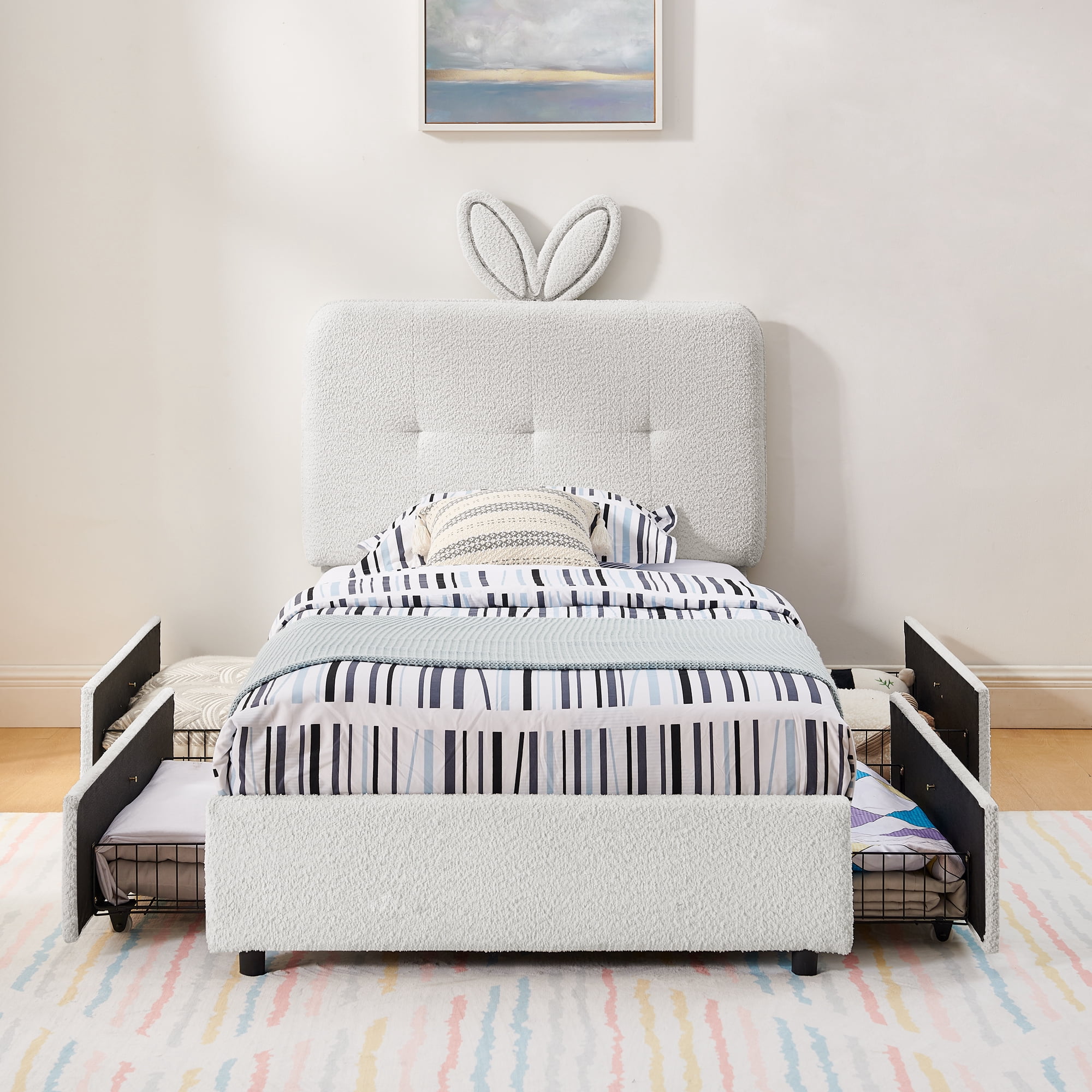Mintazer Twin Upholstered Kids Bed with Oversized Rabbit Ear Headboard, Boucle Fabric Platform Bed with LED Headboard & 4 Storage Drawers, Beige