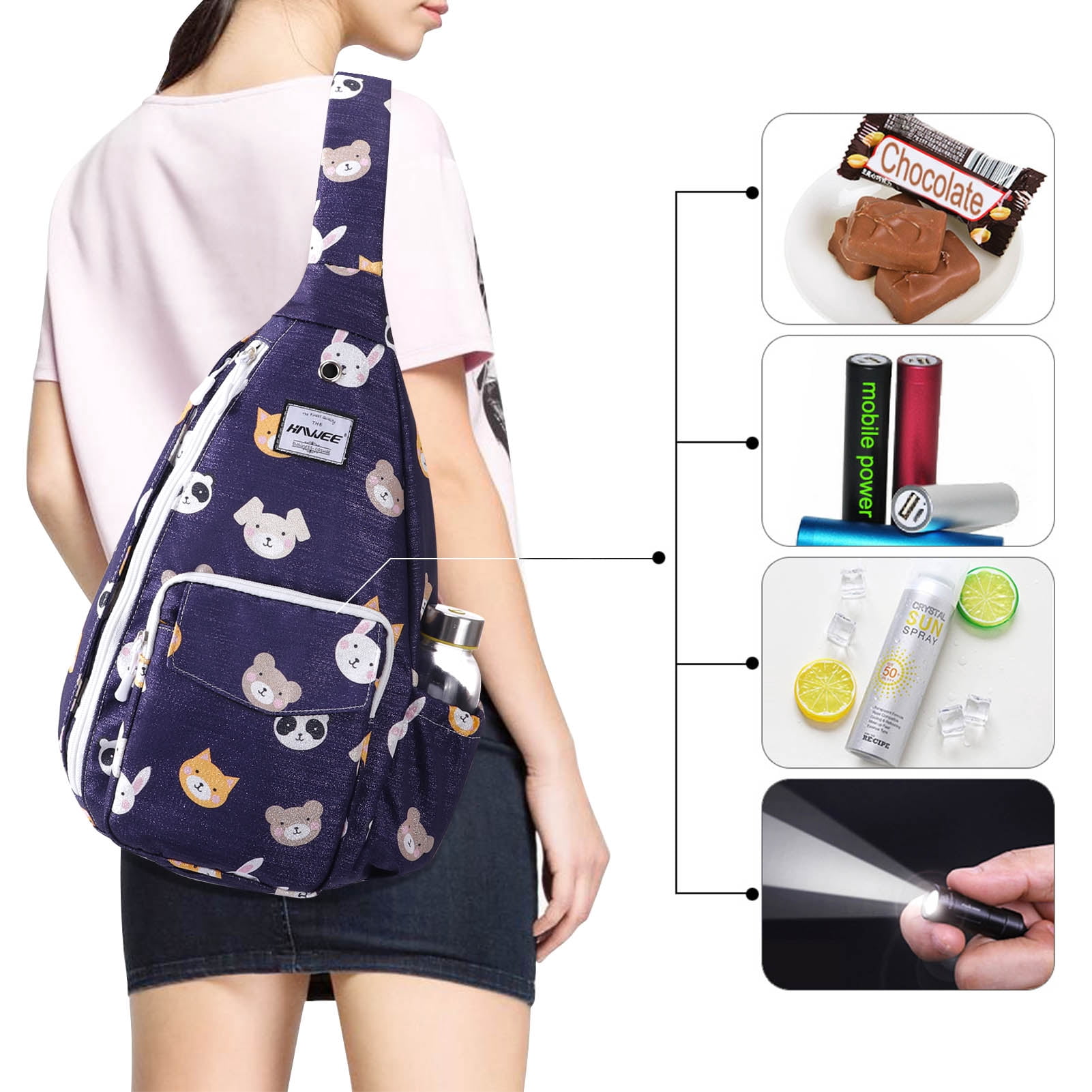HAWEE Waterproof Crossbody Bag forWomens Chest Sling Backpack with Bear Rabbit Print, Bear