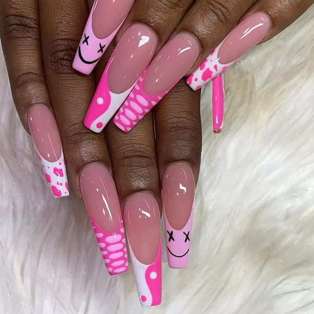 Press on Nails Long Pink Fake Nails with Designs Glossy False Nails for Women Girls Stick on Nails with Glue on Acrylic Nail Tips Press on Nails Long Pink Fake Nails with Designs Glossy False Nails for Women Girls Stick on Nails with Glue on Acrylic Nail Tips