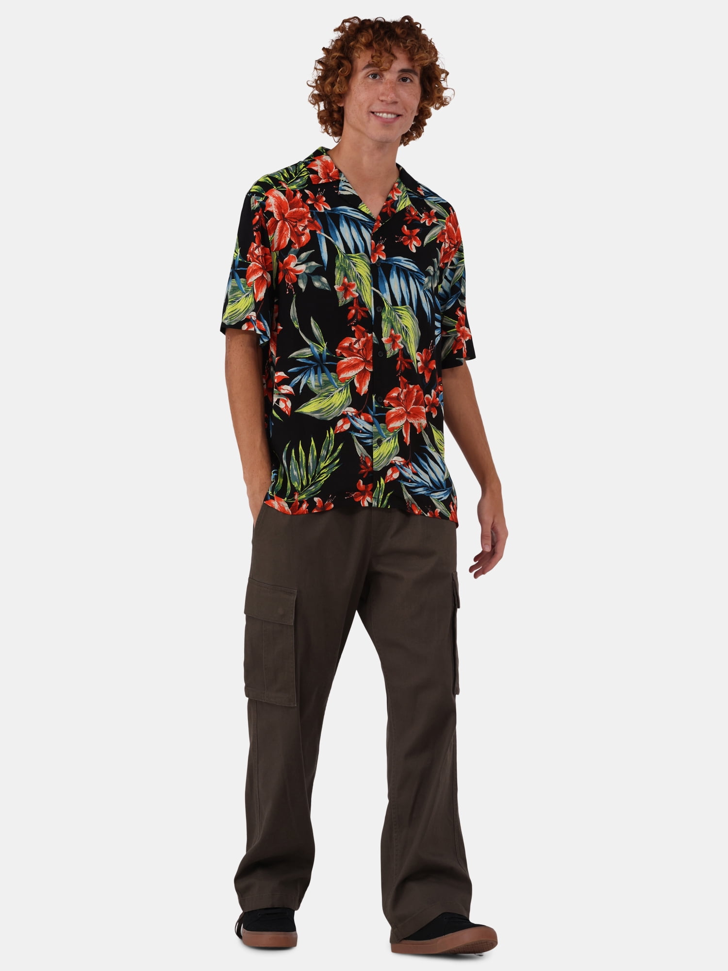 No Boundaries Printed Rayon Button Up Resort Shirt with Short Sleeves, Men's & Big Men's