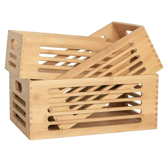 ANMINY 3PCS Bamboo Wood Storage Bins Natural Wooden Boxes Crates for Storage, Decorative Wooden Basket Container with Handles for Home Kitchen Shelf