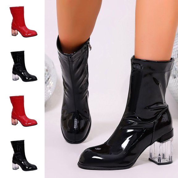 WAVSUF Wide Width Boots for Womens Anti Slip Slip On Soft Sole Comfort Chunky Mid Calf Boots Black 8.5