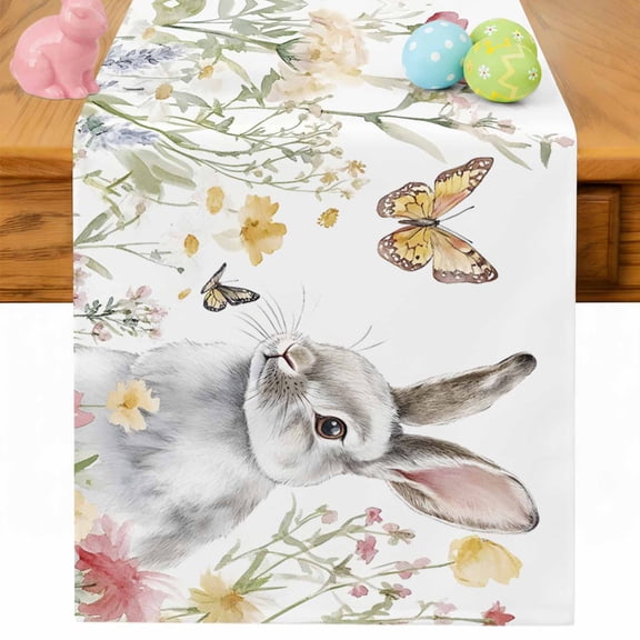 Easter Rabbit Table Runner 48 Inches Long for Kitchen Dining, Butterfly Cute Watercolor Spring Summer Dresser Scarf Farmhouse, Dining Table Decorations for Wedding/Parties, 13 x 48 In