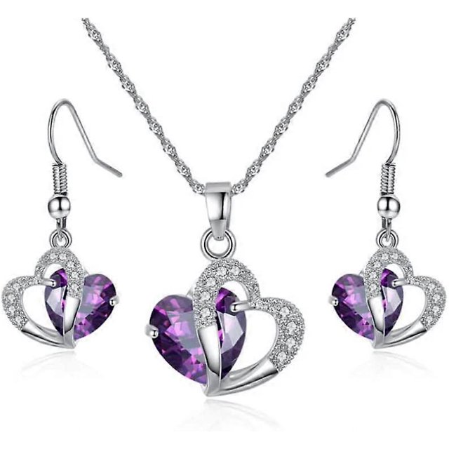 Collar y pendientes con colgante de corazón de cristal austriaco para mujer, chapado en oro blanco de 14 quilates, hipoalergénicos, regalo para esposa, mamá, novia (morado)