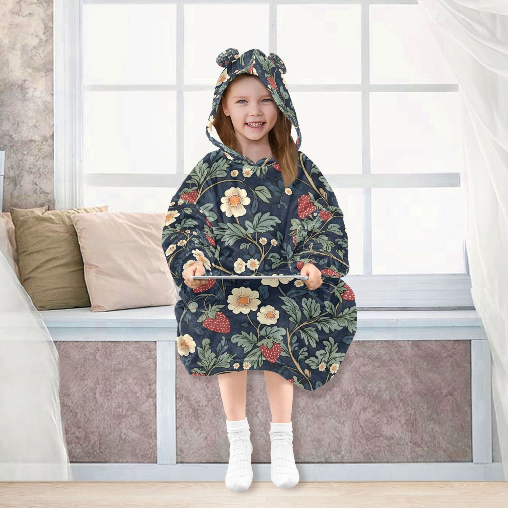 FORMRS Wearable Blanket Hoodie with Sleeves for Kids Cozy Flannel Sweatshirt, Floral Raspberry Pattern