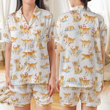 Lotusprinthandmade Golden Retriever Dog All-over Print Satin Short-Sleeve Pajamas Set (5XL) dog lover pajamas cute dog print pajamas