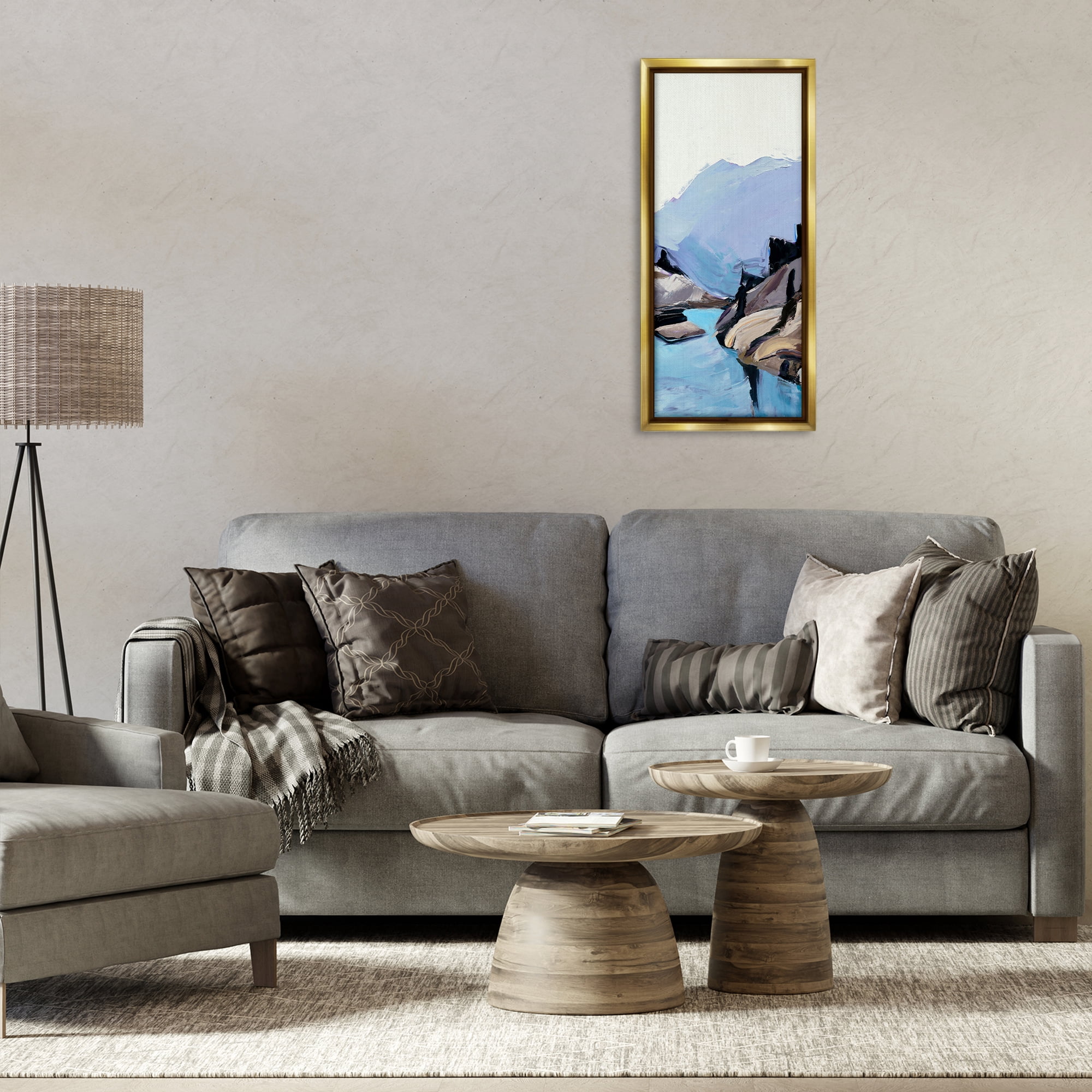 Stupell Industries Mountain River Abstraction Landscape & Nature Painting Gold Floater Framed Canvas Art Print Wall Art, 14 x 31