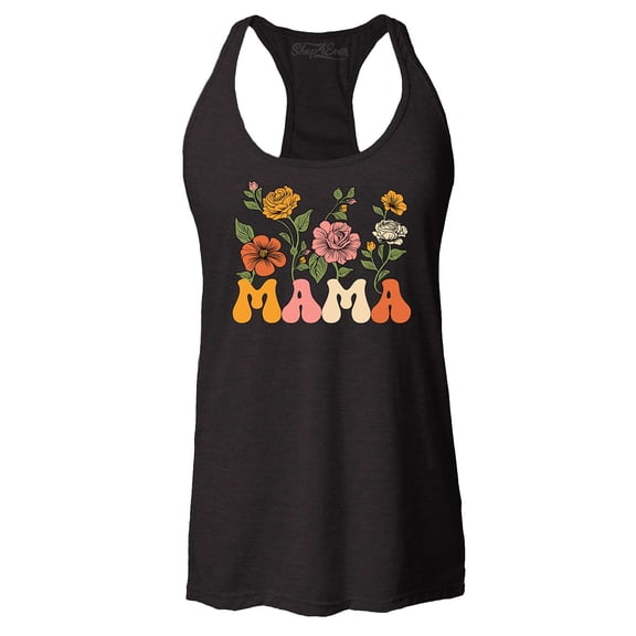 Shop4Ever Women's Mama Floral Flowers Retro Aesthetic Racerback Tank Top Medium Black