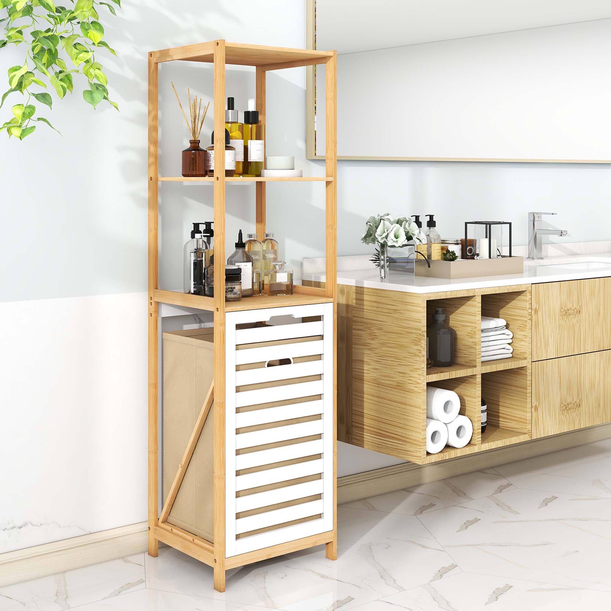 Costway Tilt-Out Laundry Hamper with 3-Tier Shelf Removable Liner Lightweight Design