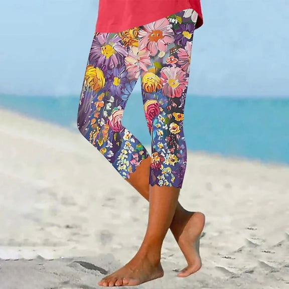 breaise Women's Capri Leggings High Waisted Cutout Yoga Capris Fashion Floral Print Cropped Trousers Tummy Control Knee Length Tights