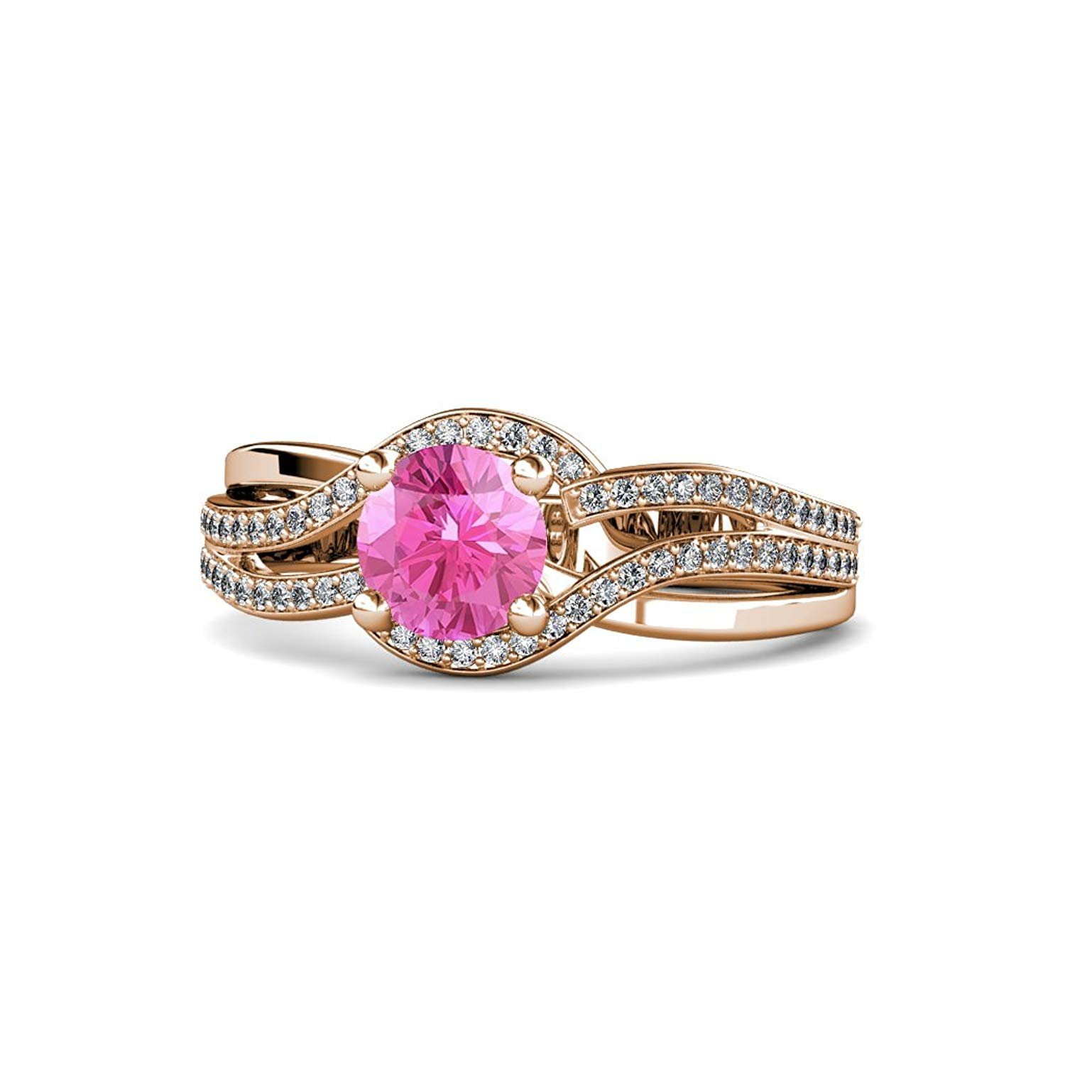 Pink Sapphire and Diamond Bypass Halo Swirl Engagement Ring 1.26 ct tw in 14K Rose Gold by TriJewels
