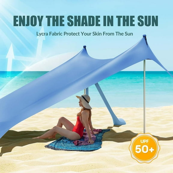 Beach Tent Canopy with 8 Sandbags, 4 Aluminum Poles - Pop Up Portable Camping Sun Shelter for Outdoor Beach, Picnic, Fishing
