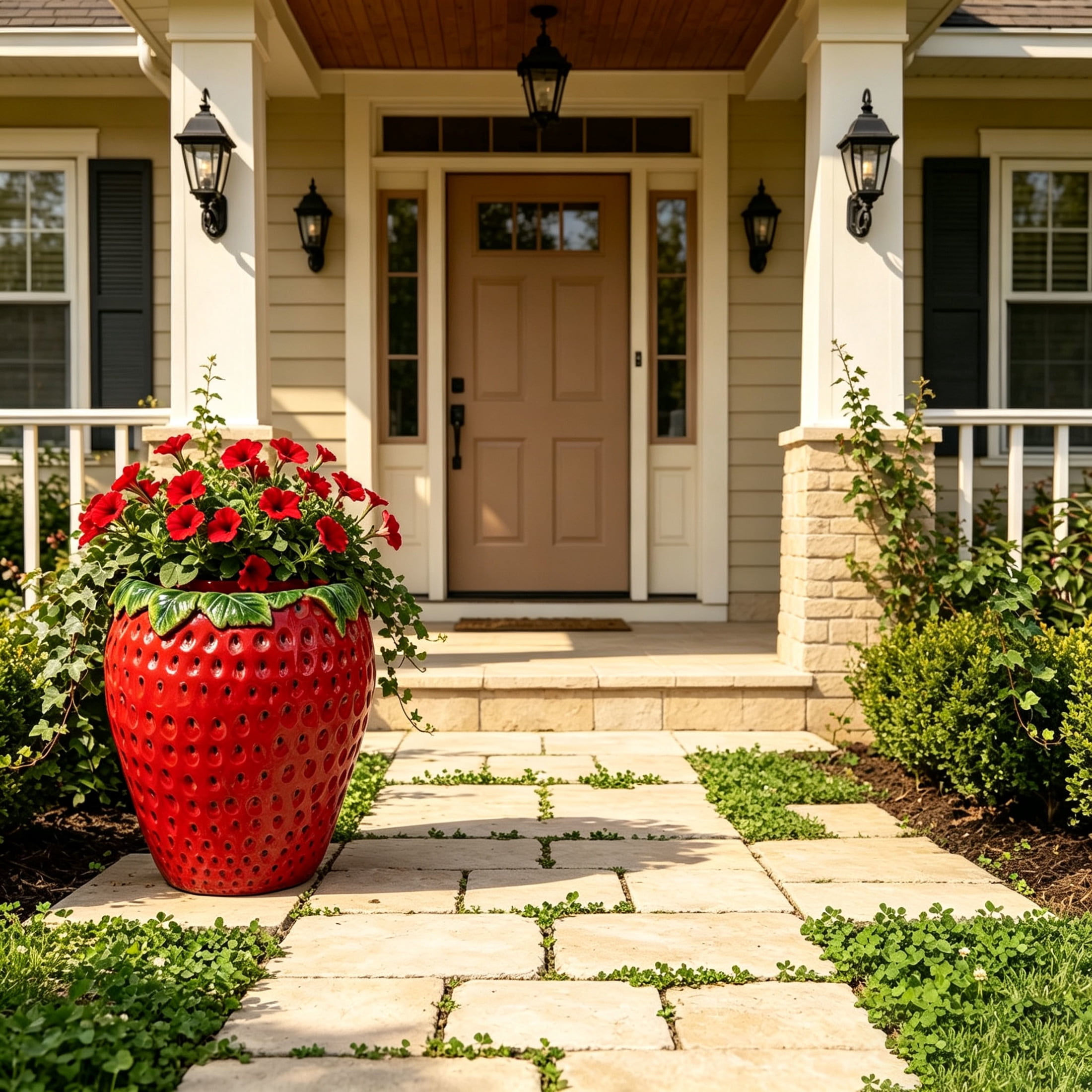 Noble House Strawberry Shaped Decorative Planter Pot & Flower Vase, Weather-Resistant Outdoor Garden Planter, Red