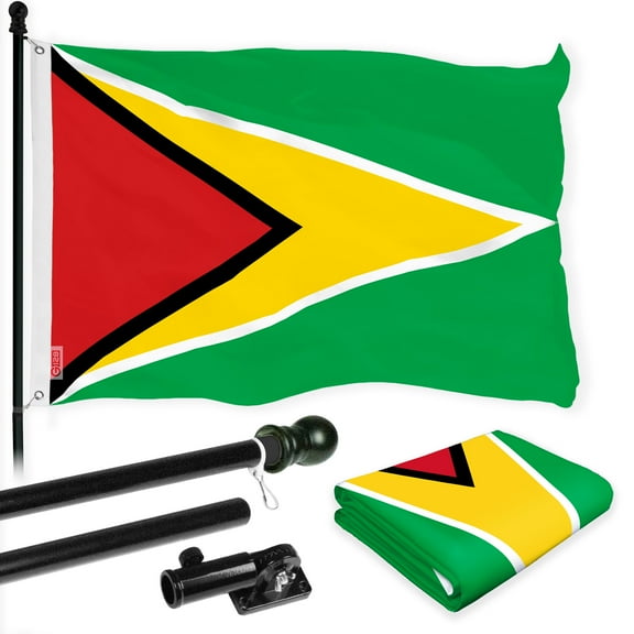 G128 Combo Pack: 6 Ft Tangle Free Aluminum Spinning Flagpole (Black) & Guyana Guyanese Flag 3x5 Ft, LiteWeave Pro Series Printed 150D Polyester | Pole with Flag Included