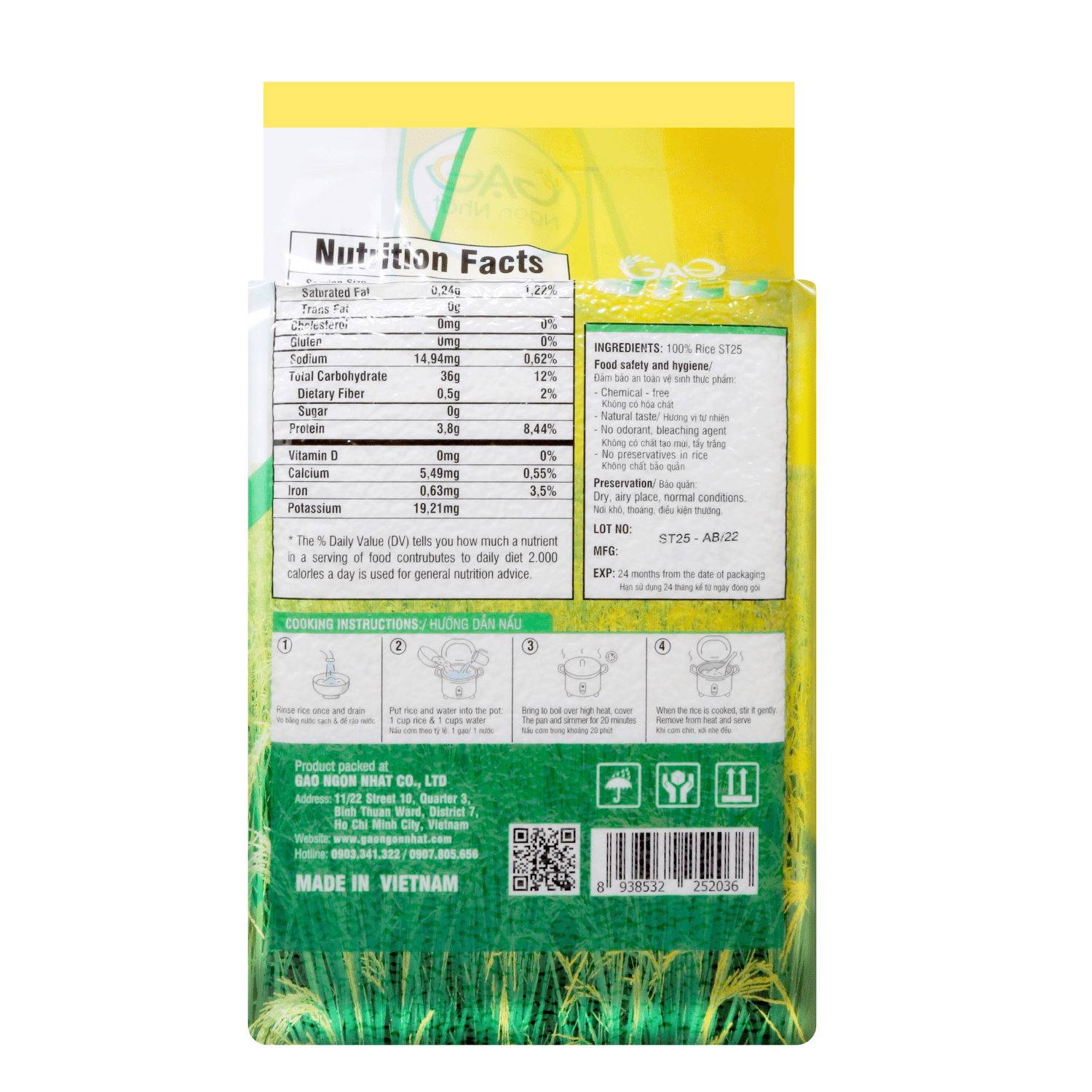 Gao Ngon Nhat Organic ST25 Vietnamese Rice, Gluten and Cholesterol Free, Suitable for Diabetic ST25 11 LBS (5KG)