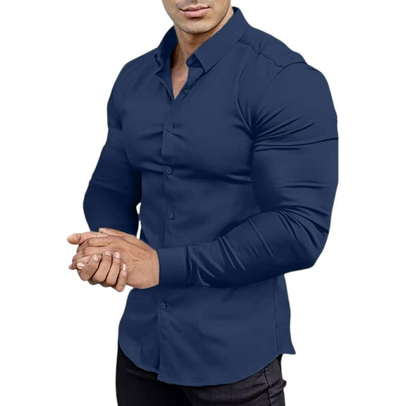 GrmtClth Button Down Shirt Men Long Sleeve Slim Fit Dress Shirt Classic Soft Solid Color Casual Shirts Dark Blue XL
