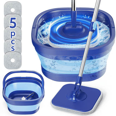 ILAVCLEAN Spin Mop and Bucket with Wringer Set for Floors, Collapsible Bucket with handle and Flat Wall mop with 5 Microfiber Pads