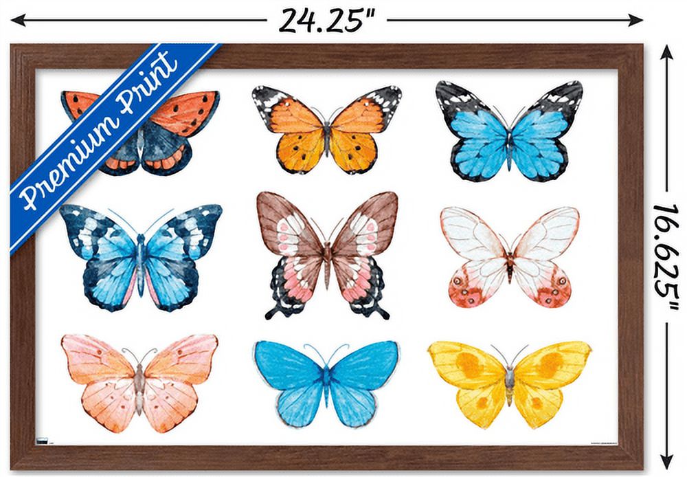 Watercolor Butterflies Wall Poster, 14.725" x 22.375", Framed