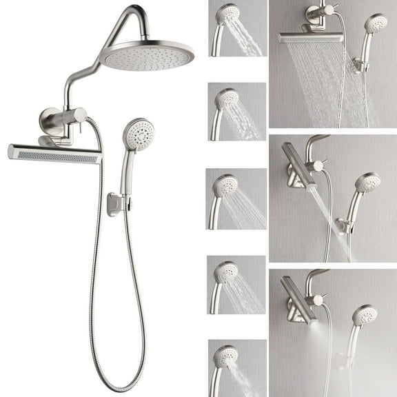 FORNO ACQUA Shower System 9 in. Rainfall Head, 3-Mode Waterfall Body Jet & 5-Mode Handheld. Brushed Nickel 2.5 GPM