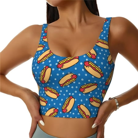 Qokaie Hot Dog 1 Pattern Womens Scoop Neck Sports Bra Breathable Workout Vest Padded U Back Medium Impact Fitness Gym Yoga Bra Workout Crop Top-Large