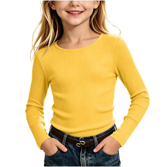 Khunlpohl 5-13 Years Girls Shirts Round Neck Solid Color Slim Undershirts Ribbed Long Sleeve Lounge Clothes for Kids