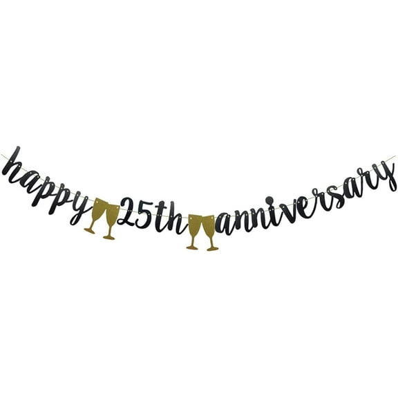 Happy 25TH Anniversary Banner,, Black Paper Glitter Party Decorations For 25TH Wedding Anniversary Party Supplies Letters Black