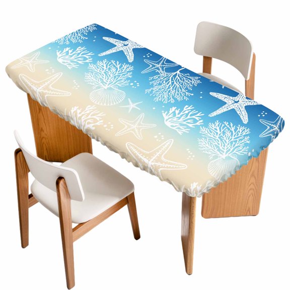Blue Beige Ombre Coastal Table Cloths for 4 Foot Rectangle Tables, Nautical Beach Starfish Coral Summer Patio Waterproof Elastic Fitted Tablecloths, Washable Rectangular Table Cover for Camping