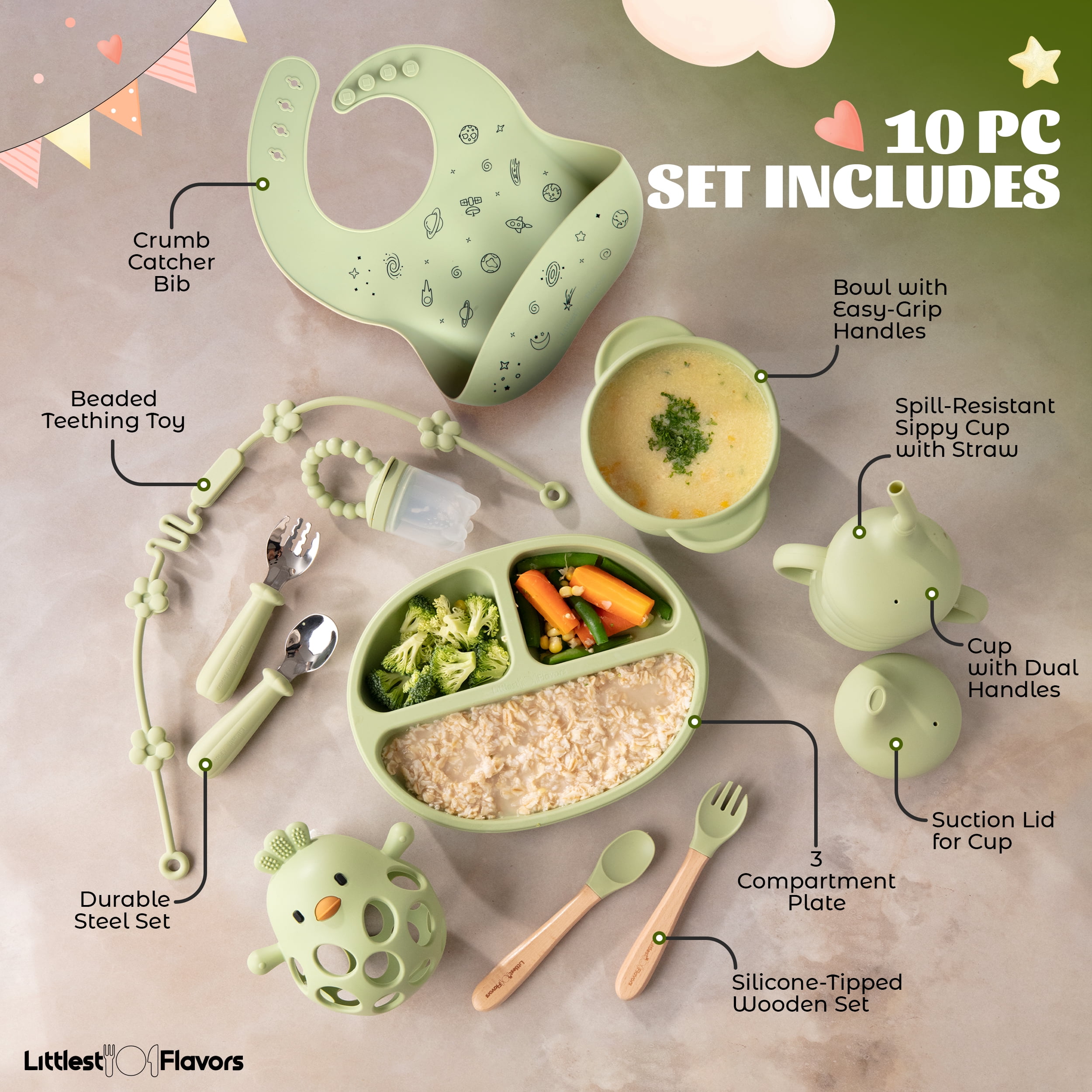 Littlest Flavors Silicone Baby Feeding Set, BPA Free, Non-Toxic, Durable, Easy to Clean, Ideal for Baby Led Weaning