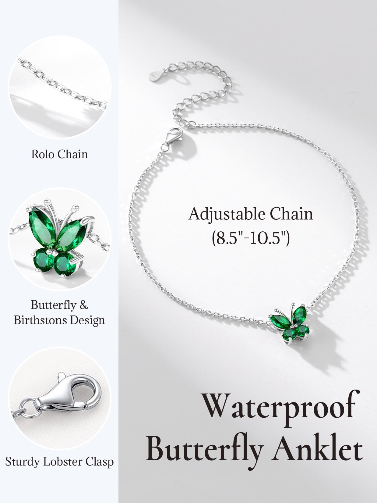 U7 Sterling Silver Anklet for Women Butterfly May Birthstone Foot Bracelet Summer Beach Holiday Jewelry Gift for Her Daughter Birthday