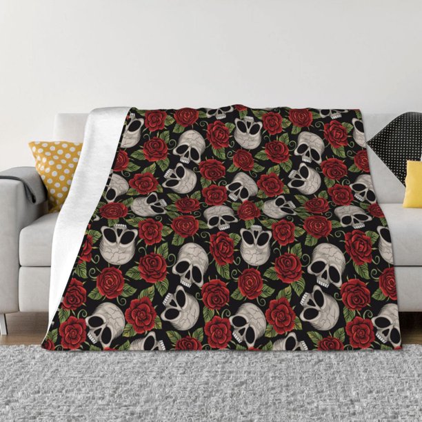 Balery Red Rose Skull Manta de Franela con Dibujo, Lujo Ultra Suave y Cálido, Antipelusa y Resistente a las Arrugas para Cama, Sofá, Camping -50"x40"
