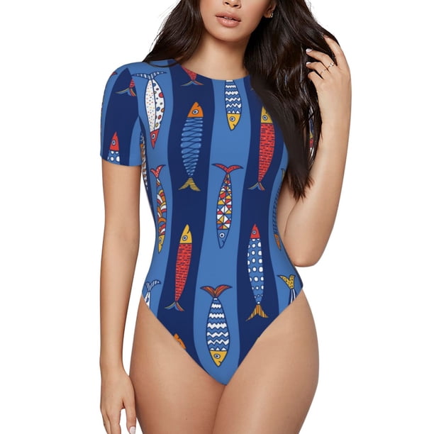 Balery Cute Fish Body de cuello redondo de manga corta para mujer Tops de manga corta Tops básicos-X-Large