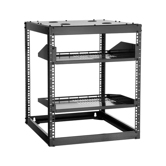 VEVOR 12U Open Frame Network Rack, 23 in Depth, Wall Mounted or Floor Standing Server Rack, Heavy Duty 4 Post, with Vented Shelves & Mounting Hardware, Holds All Your Networking IT Equipment AV Gear
