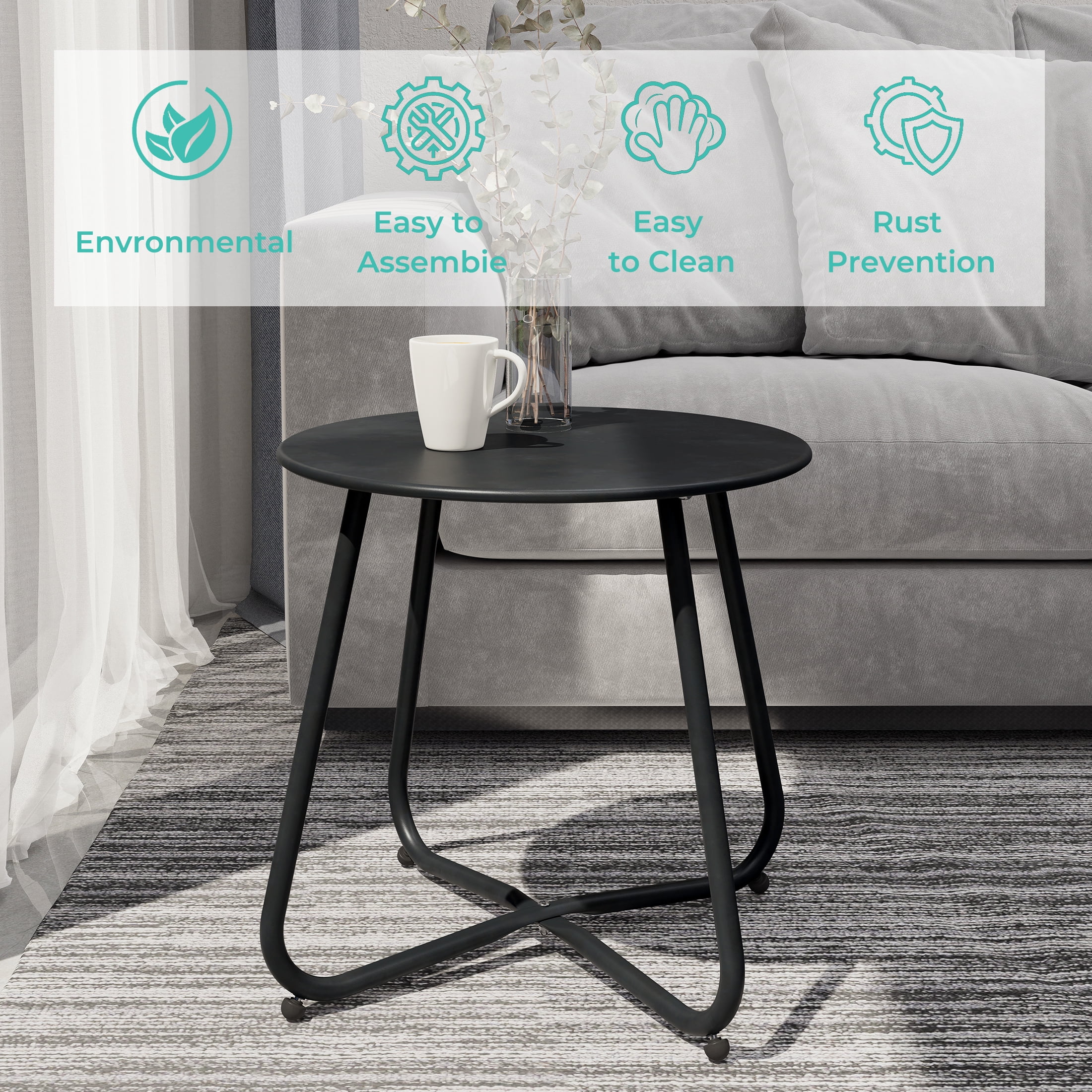 Grand Patio Outdoor&Indoor Steel Patio Side Table, Weather Resistant Outdoor Small Round End Table for Patio, Yard, Balcony, Garden, Living Room, Bedroom, Black