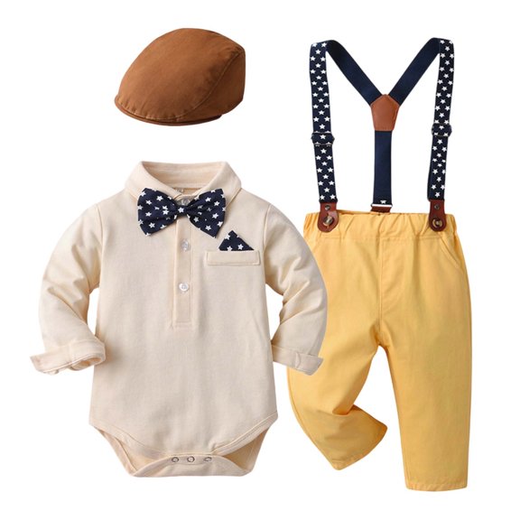 WOYY Infant Boys Suit Formal Long Sleeve Shirt Bodysuit Suspenders Pants Hat 3Pcs Outfits, Sizes 18-24 Months