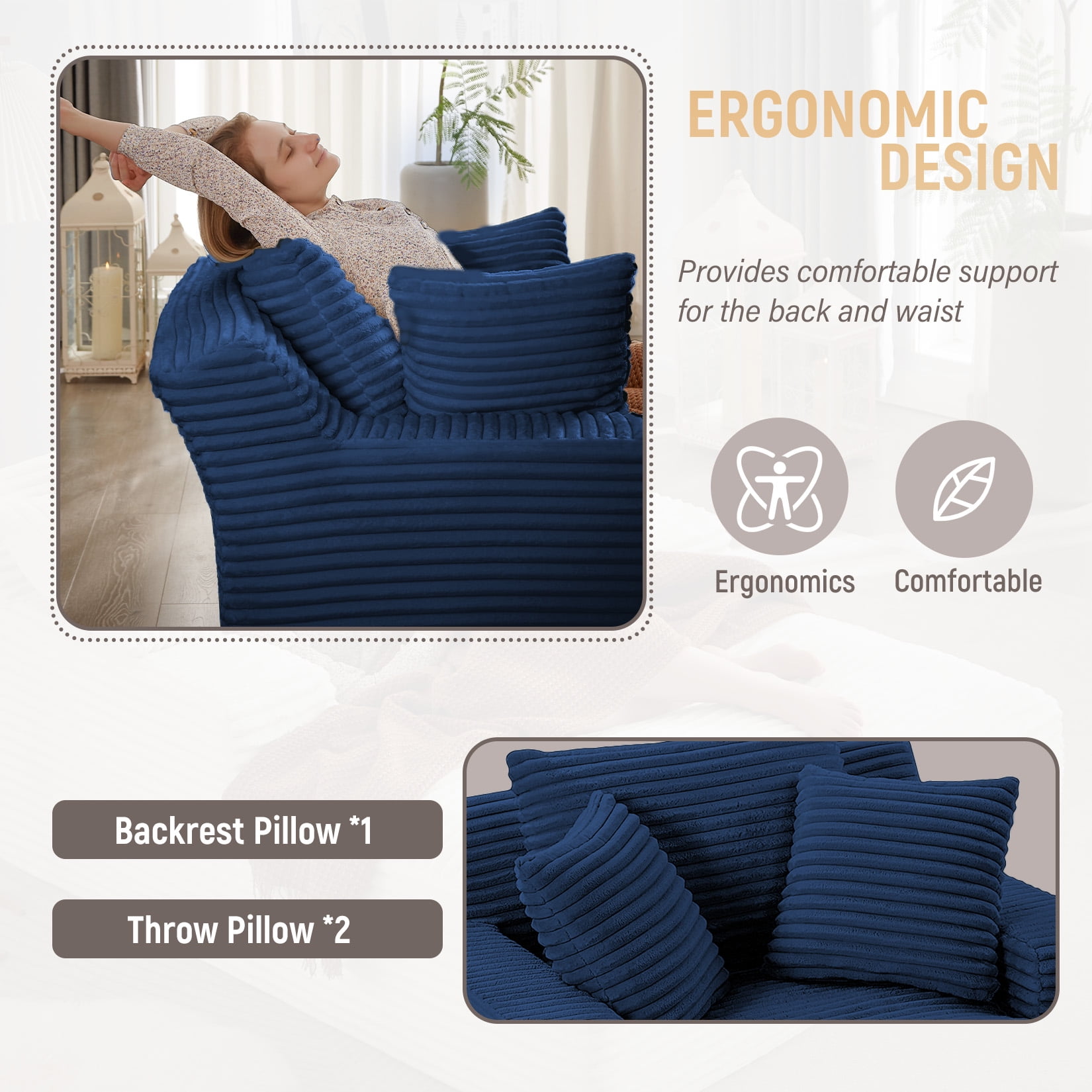 Chaise Lounge Chair Indoor, 50'' Upholstered Sofa Bed with 2 Throw Pillows, Comfy Lounge Indoor, Sleeper Reading Chair, Oversized Recliner Sofa, Fluffy Couch (Blue)