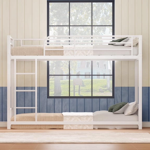 DeepRoar Bunk Bed Twin Over Twin, Heavy Duty Metal Bunk Twin Bed Frames with Safety Guard Rails & Ladder, Space-Saving Design, Twin Bunk Beds for Teens Adults, No Box Spring Required, White