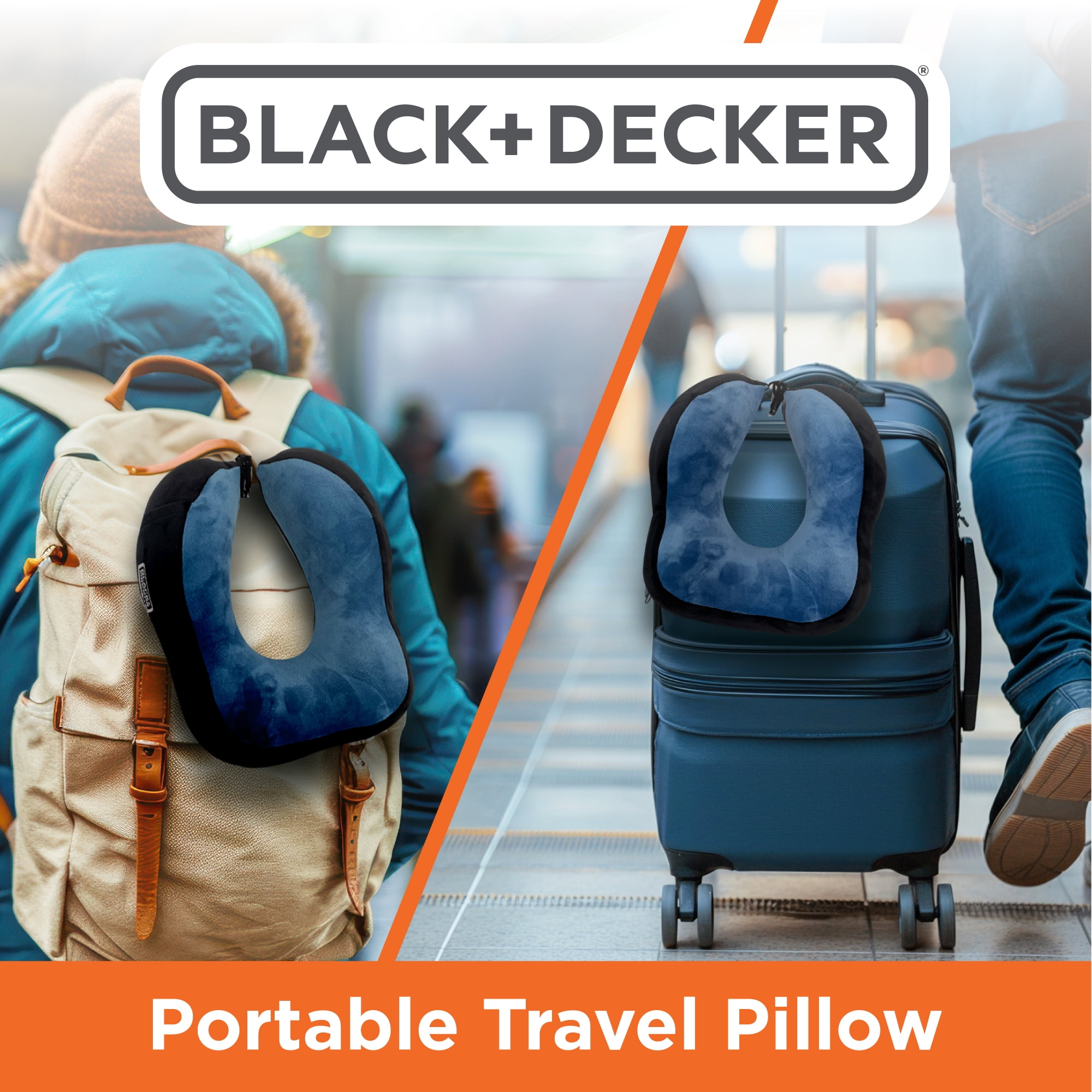 BLACK+DECKER Memory Foam Neck Pillow with Phone Pocket, Ergonomic Travel Pillow, Blue