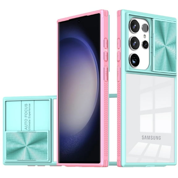 TJS for Samsung Galaxy S24 Ultra Phone Case, Slide Camera Cover Full Body Bumper Protective Clear Cover (Pink/Blue)