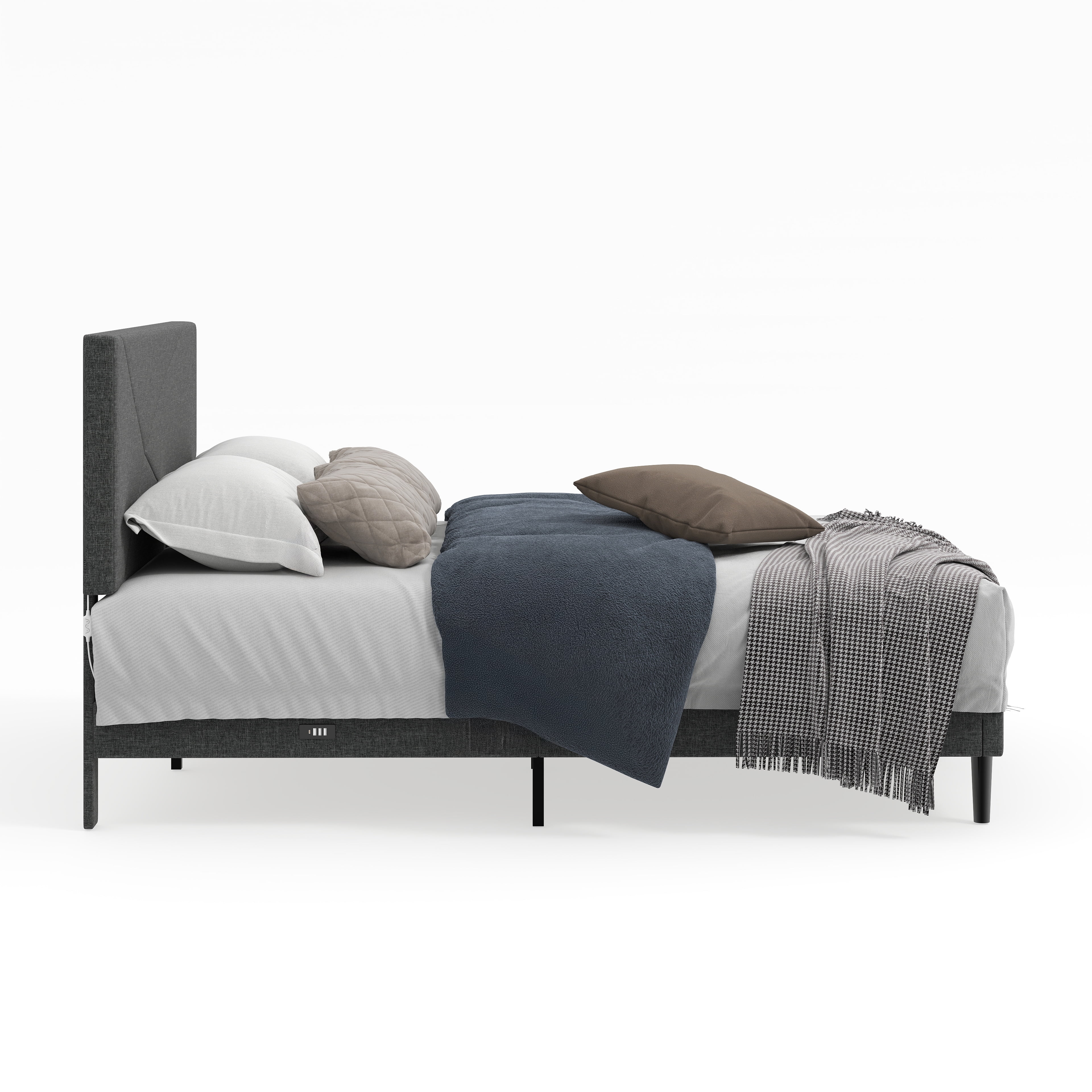 Homy Casa Upholstered Queen Bed with Tech Charging and LED Lights, Modern Headboard, Grey