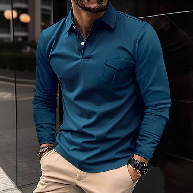 Blusa y camisa de manga larga con cuello vuelto para hombre, informal, lisa, de manga larga, deportiva, de poliéster