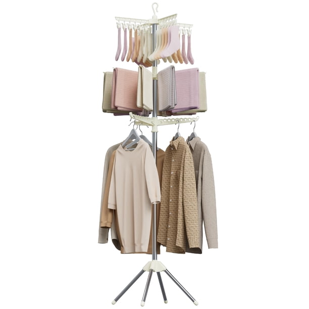CASAMAYA Tendedero de ropa plegable de 79,5 pulgadas, 3 niveles, con barra giratoria para 27 piezas de ropa y 24 clips para colgar calcetines, ahorro de espacio, blanco y plateado CDR003W01