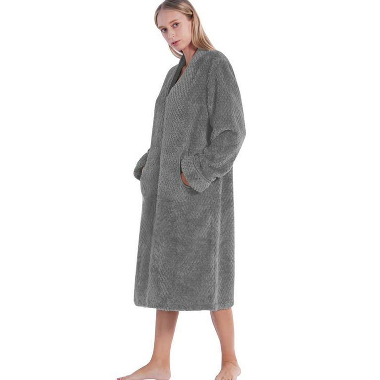 WBQ Womens Zipper Long Robes Soft Flannel Plush Housecoat Plus