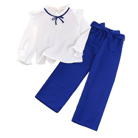 

ZHAGHMIN Cute Solid Color Toddler Girls Shirts Pants Set 2Pcs Long Sleeve Chiffon Ruffles Loose Bow Tops T-Shirts Belted Wide Leg Pants Blue Size5-6 Years