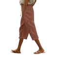 thumbnail image 2 of Linen Pedal Pushers for Women Lightweight Summer Side Buttons Linen Capri Pants Casual Elastic Waist Gauze Pants Coffee M, 2 of 5