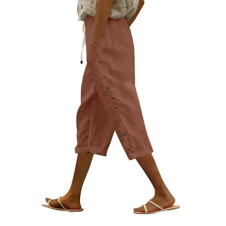 Prdecexlu Womens Linen Capris Wide Leg Baggy High Waist Side Button Loose Cropped Pants Drawstring Vacation Solid Color Casual Summer Trousers with Pockets Coffee L