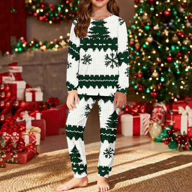 Conjuntos de blusas y camisas de cuello redondo y manga larga con estampado navideño para niños Camisa de manga larga con cuello redondo y cintura elástica Pantalones largos Conjunto de traje de casa